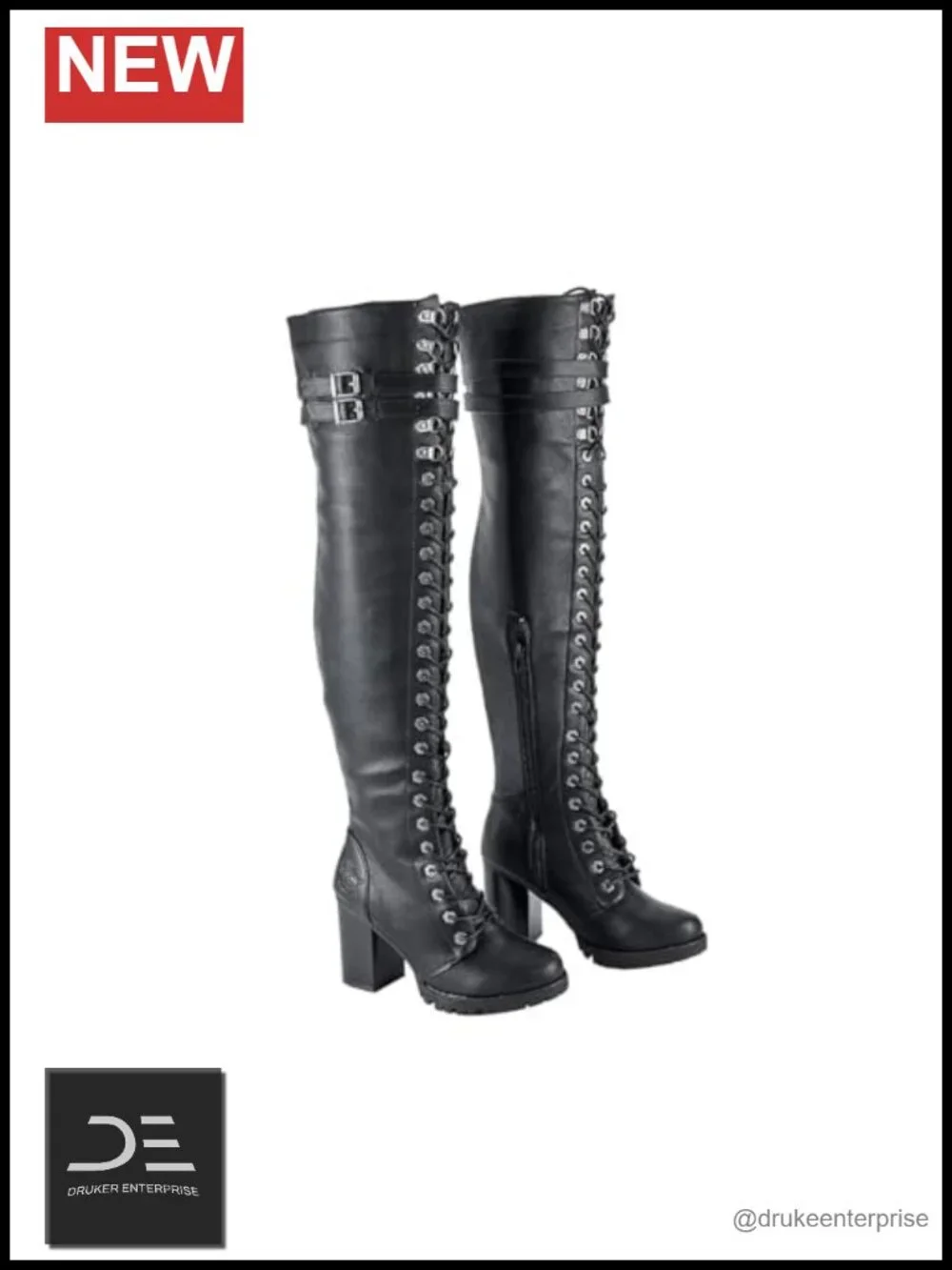 Faux Leather Over the Knee Lace Up Chunky Heel Biker Boots